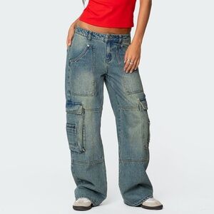 Edikted Wide-Leg Cargo Denim Jeans in Light Blue